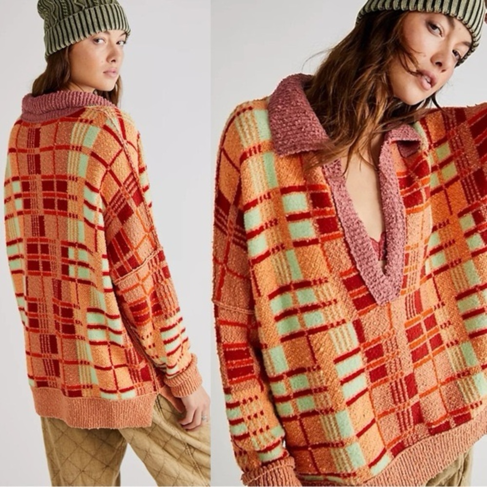 Free People Ruben Multicolor Plaid Retro Fuzzy V-Neck Fuzzy Sweater